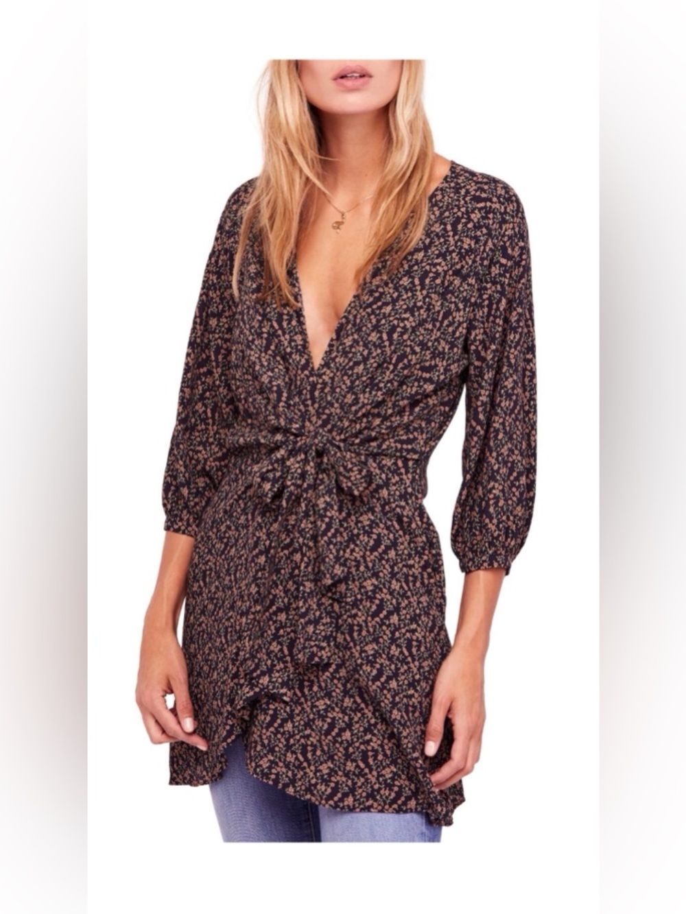 Free People Clara Tunic Mini dress black floral Size Small